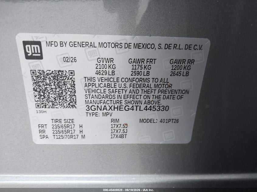 2026 Chevrolet Equinox VIN 3GNAXHEG4TL445330 IAAI salvage auction — WATER/FLOOD, Rebuildable (Florida), sold $13,825 on 2026-07-29 (photo 9)