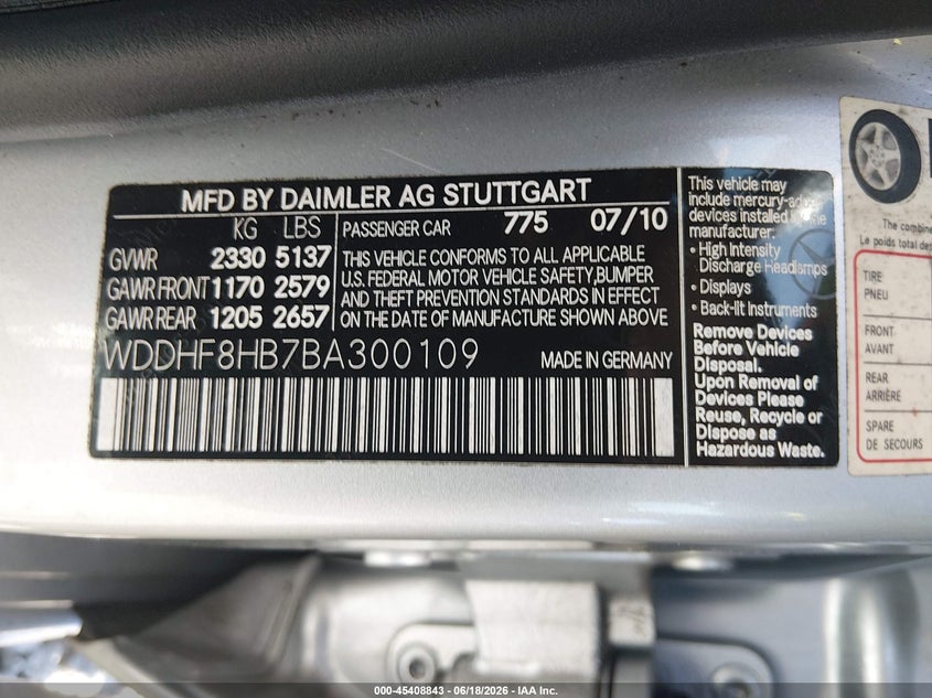 2011 Mercedes-benz E-class VIN WDDHF8HB7BA300109 IAAI salvage auction — LEFT & RIGHT, Bill Of Sale (Washington), sold $1,750 on 2026-07-15 (photo 9)