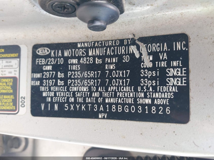 2011 Kia Sorento VIN 5XYKT3A18BG031826 IAAI salvage auction — SIDE, Salvage (Georgia), sold $1,150 on 2026-07-23 (photo 9)