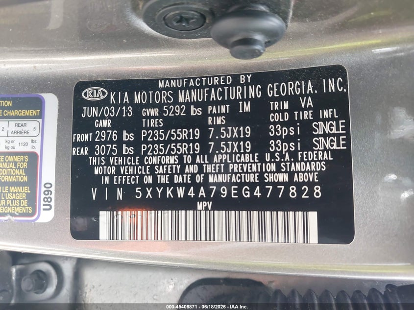 2014 Kia Sorento VIN 5XYKW4A79EG477828 IAAI salvage auction — NORMAL WEAR, Repossession Paperwork (Georgia), sold $1,325 on 2026-07-23 (photo 9)