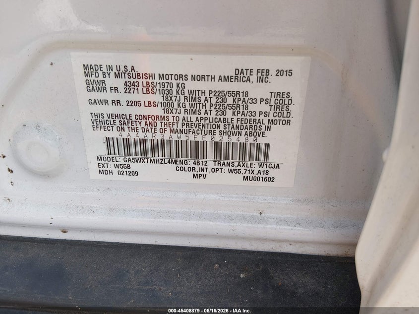 2015 Mitsubishi VIN 4A4AR3AW5FE025480 IAAI salvage auction — NORMAL WEAR, Clear (Minnesota), sold $525 on 2026-07-22 (photo 9)