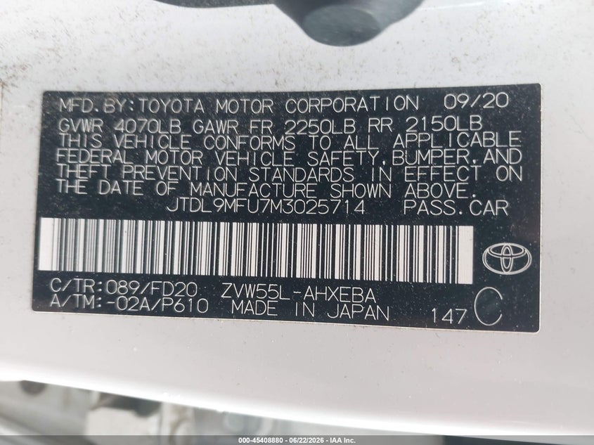2021 Toyota Prius VIN JTDL9MFU7M3025714 IAAI salvage auction — LEFT FRONT, Salvage (Idaho), sold $5,200 on 2026-07-31 (photo 9)