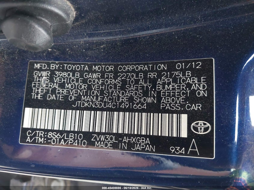2012 Toyota Prius VIN JTDKN3DU4C1491664 IAAI salvage auction — THEFT, Salvage Title, sold $25 on 2026-07-28 (photo 9)