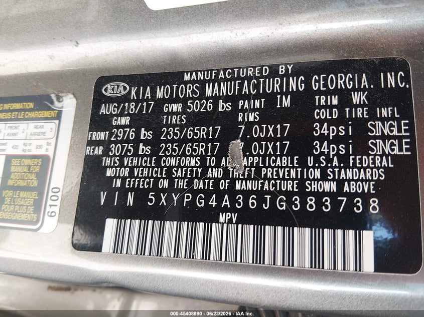 2018 Kia Sorento VIN 5XYPG4A36JG383738 IAAI salvage auction — NORMAL WEAR, Clear (Louisiana), sold $2,050 on 2026-07-24 (photo 9)