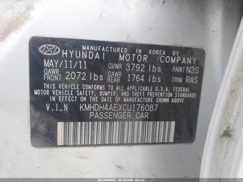 2012 Hyundai Elantra VIN KMHDH4AEXCU176087 IAAI salvage auction — NORMAL WEAR, Clear (Virginia), sold $200 on 2026-07-21 (photo 9)