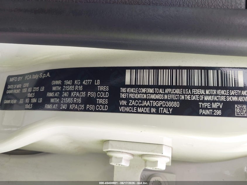 2016 Jeep Renegade VIN ZACCJAAT9GPD36680 IAAI salvage auction — REAR END, Salvage (Ohio), sold $2,050 on 2026-07-15 (photo 9)