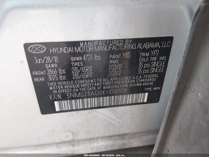 2019 Hyundai Santa fe VIN 5NMS23AD0KH010519 IAAI salvage auction — REAR END, Salvage (Mississippi), sold $4,150 on 2026-07-09 (photo 9)