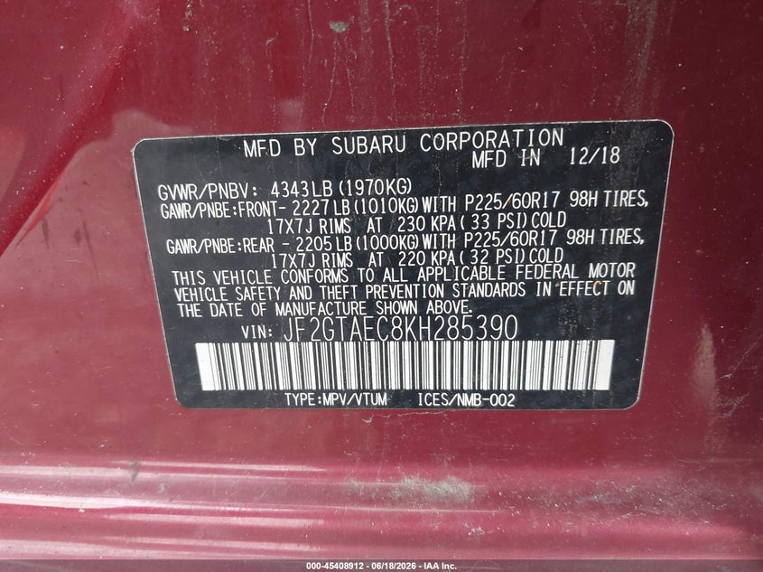 2019 Subaru Xv VIN JF2GTAEC8KH285390 IAAI salvage auction — ALL OVER, Scrap (Michigan), sold $25 on 2026-07-27 (photo 9)