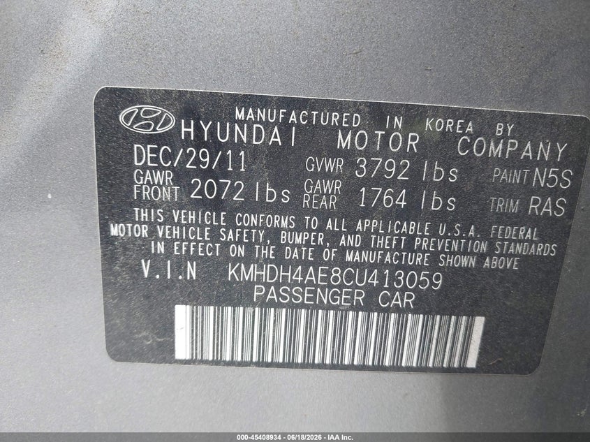 2012 Hyundai Elantra VIN KMHDH4AE8CU413059 IAAI salvage auction — FRONT & REAR, Clear (Virginia), sold $425 on 2026-07-28 (photo 9)
