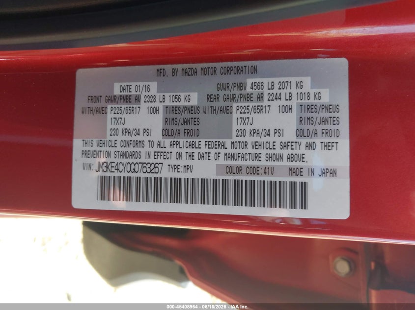 2016 Mazda Cx-5 VIN JM3KE4CY0G0763267 IAAI salvage auction — NORMAL WEAR, Salvage (California), sold $2,650 on 2026-07-29 (photo 9)
