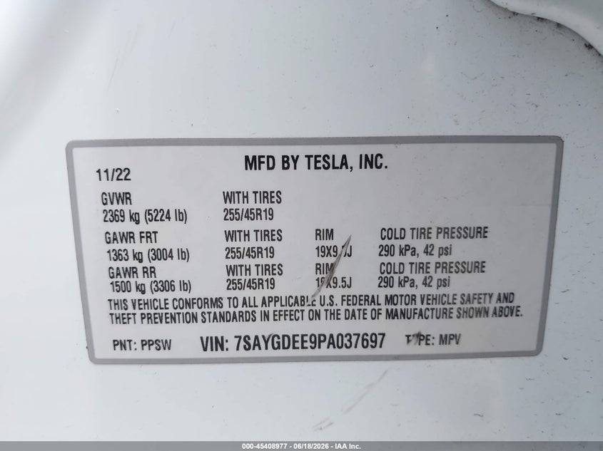 2023 Tesla Model y VIN 7SAYGDEE9PA037697 IAAI salvage auction — FRONT & REAR, Salvage - Greater Than 75% (Maryland), sold $10,600 on 2026-07-30 (photo 9)