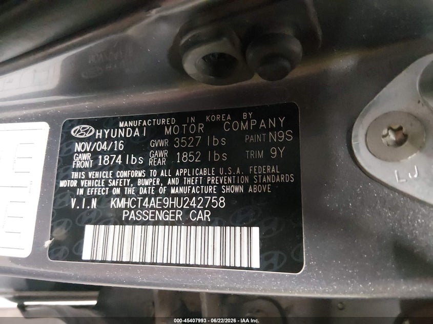 2017 Hyundai Accent VIN KMHCT4AE9HU242758 IAAI salvage auction — FRONT END, Salvage (Iowa), sold $1,225 on 2026-08-01 (photo 9)