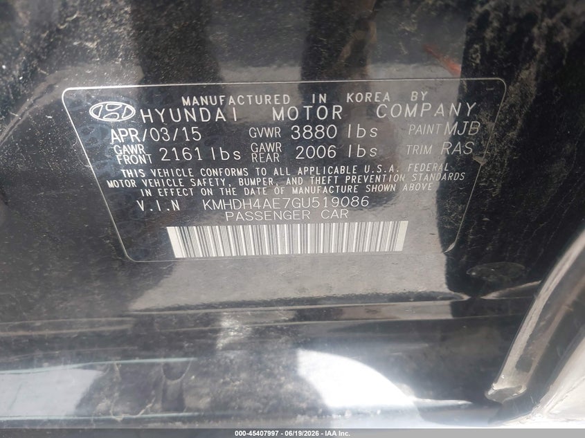 2016 Hyundai Elantra VIN KMHDH4AE7GU519086 IAAI salvage auction — SIDE, Salvage Title, sold $700 on 2026-07-29 (photo 9)