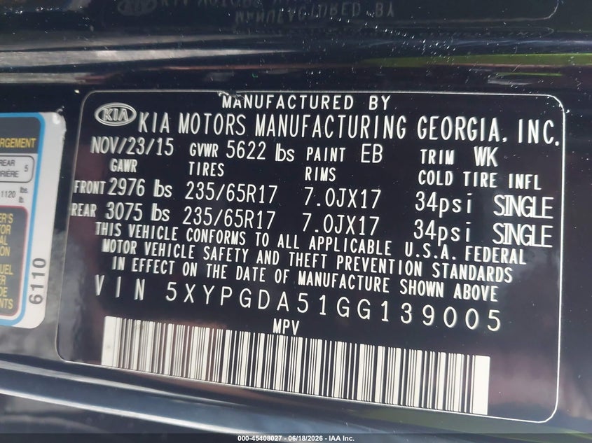 2016 Kia Sorento VIN 5XYPGDA51GG139005 IAAI salvage auction — NORMAL WEAR, Salvage Title, sold $2,175 on 2026-07-23 (photo 9)