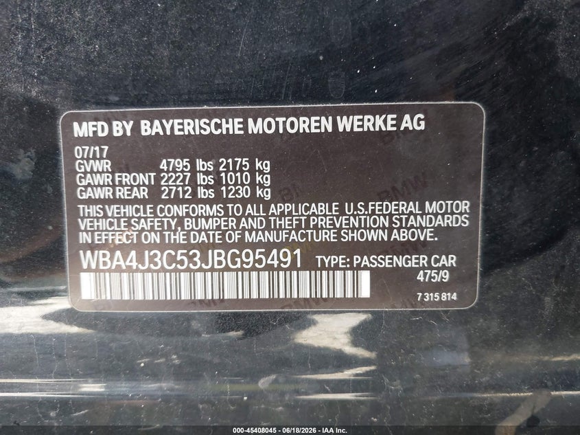 2018 BMW 4er VIN WBA4J3C53JBG95491 IAAI salvage auction — RIGHT FRONT, Salvage (Ohio), sold $2,800 on 2026-07-15 (photo 9)