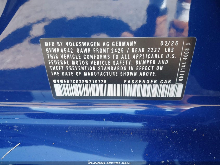 2025 Volkswagen Golf r VIN WVWEB7CDXSW210726 IAAI salvage auction — ALL OVER, Salvage Title, sold $7,000 on 2026-07-31 (photo 9)