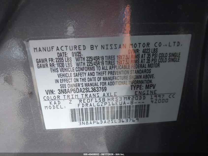 2025 Nissan Kicks VIN 3N8AP6DA2SL363769 IAAI salvage auction — FRONT END, Salvage (California), sold $6,900 on 2026-07-05 (photo 9)