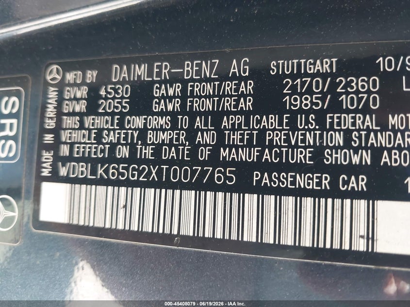 1999 Mercedes-benz Clk-klasse VIN WDBLK65G2XT007765 IAAI salvage auction — LEFT REAR, Salvage (California), sold $400 on 2026-07-08 (photo 9)