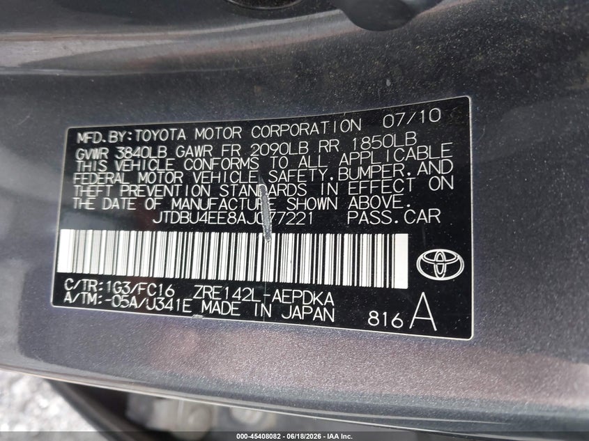 2010 Toyota Corolla VIN JTDBU4EE8AJ077221 IAAI salvage auction — FRONT END, Mv-907A (New York), sold $1,450 on 2026-07-14 (photo 9)
