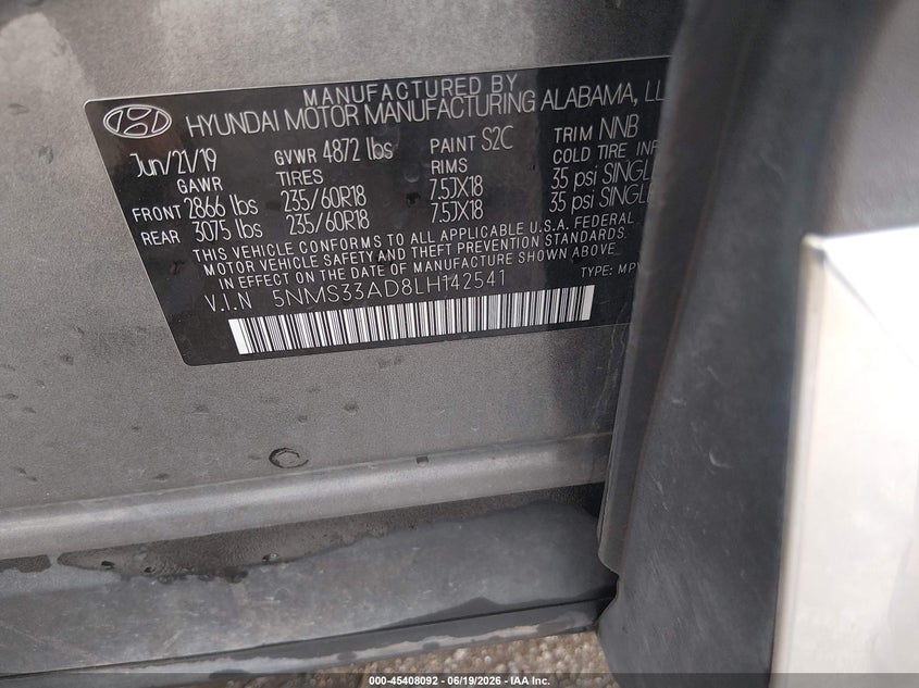 2020 Hyundai Santa fe VIN 5NMS33AD8LH142541 IAAI salvage auction — HAIL, Clear (Kansas), sold $6,000 on 2026-08-30 (photo 9)