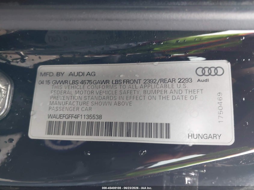 2015 Audi A3 VIN WAUEFGFF4F1135538 IAAI salvage auction — RIGHT FRONT, Salvage Title, sold $1,650 on 2026-07-31 (photo 9)
