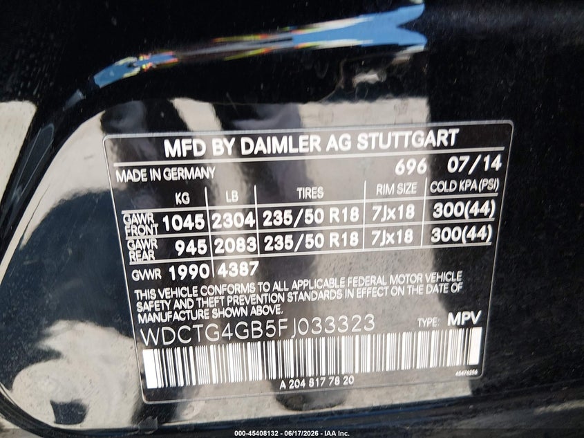 2015 Mercedes-benz VIN WDCTG4GB5FJ033323 IAAI salvage auction — RIGHT SIDE, Bill Of Sale (Washington), sold $2,850 on 2026-07-15 (photo 9)