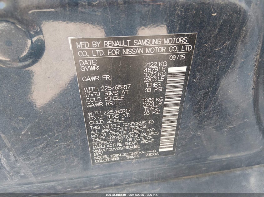 2016 Nissan Rogue VIN KNMAT2MV0GP604162 IAAI salvage auction — NORMAL WEAR, Certificate Of Title (Nebraska), sold $1,700 on 2026-07-16 (photo 9)