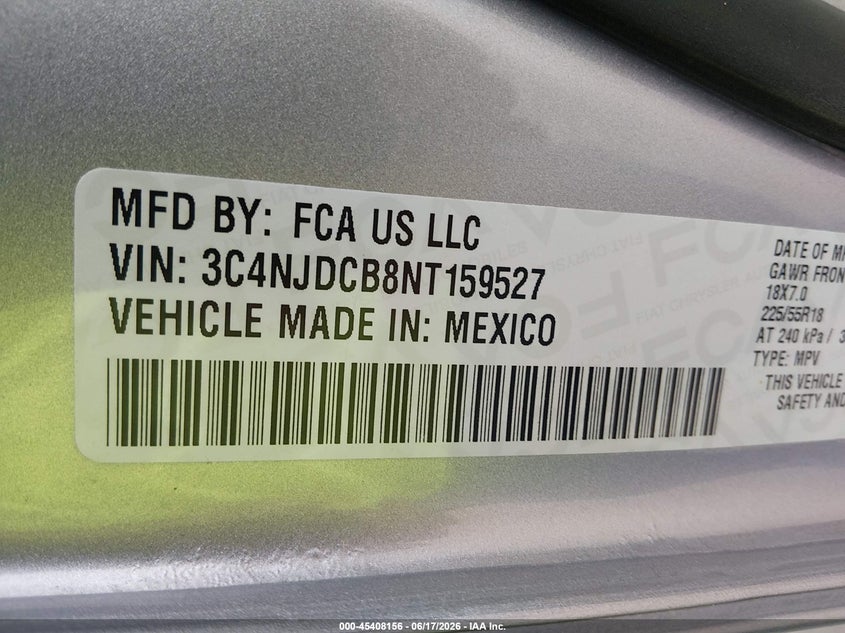 2022 Jeep Compass VIN 3C4NJDCB8NT159527 IAAI salvage auction — FRONT END, Certificate Of Title (Nebraska), sold $5,550 on 2026-07-09 (photo 9)
