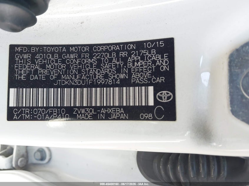 2015 Toyota Prius VIN JTDKN3DU1F1997814 IAAI salvage auction — LEFT SIDE, Salvage (California), sold $2,850 on 2026-07-15 (photo 9)