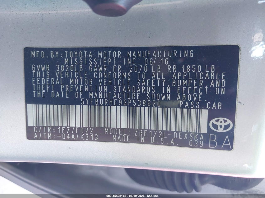 2016 Toyota Corolla VIN 5YFBURHE9GP538620 IAAI salvage auction — FRONT END, Salvage Certificate (California), sold $4,400 on 2026-07-08 (photo 9)