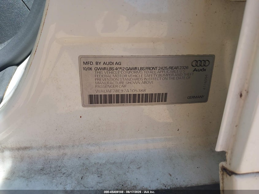 2007 Audi A4 VIN WAUAF78E97A105388 IAAI salvage auction — FRONT END, Salvage (Missouri), sold $100 on 2026-07-20 (photo 9)