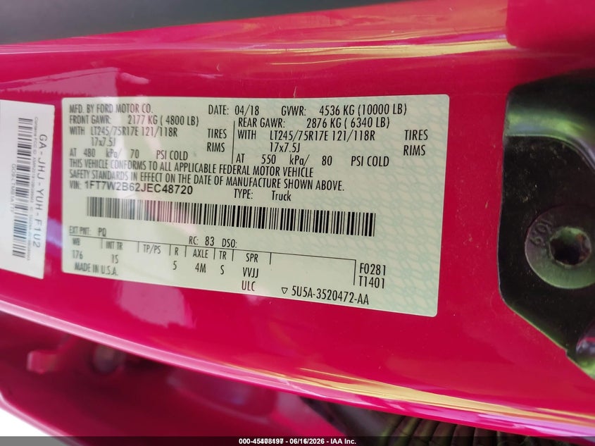 2018 Ford F-250 VIN 1FT7W2B62JEC48720 IAAI salvage auction — NORMAL WEAR, SF97 (California), sold $18,100 on 2026-07-30 (photo 9)