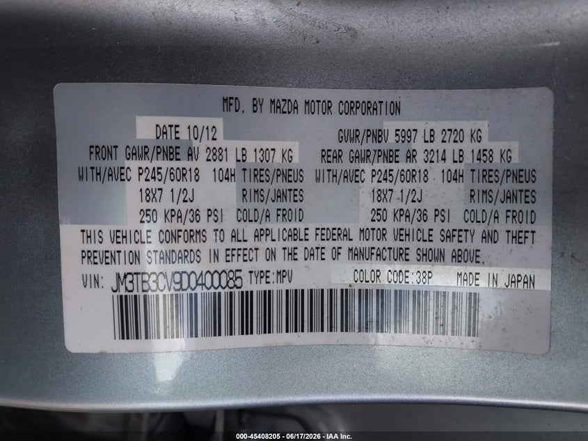 2013 Mazda Cx-9 VIN JM3TB3CV9D0400085 IAAI salvage auction — ENGINE DAMAGE, Clear (Georgia), sold $750 on 2026-07-17 (photo 9)