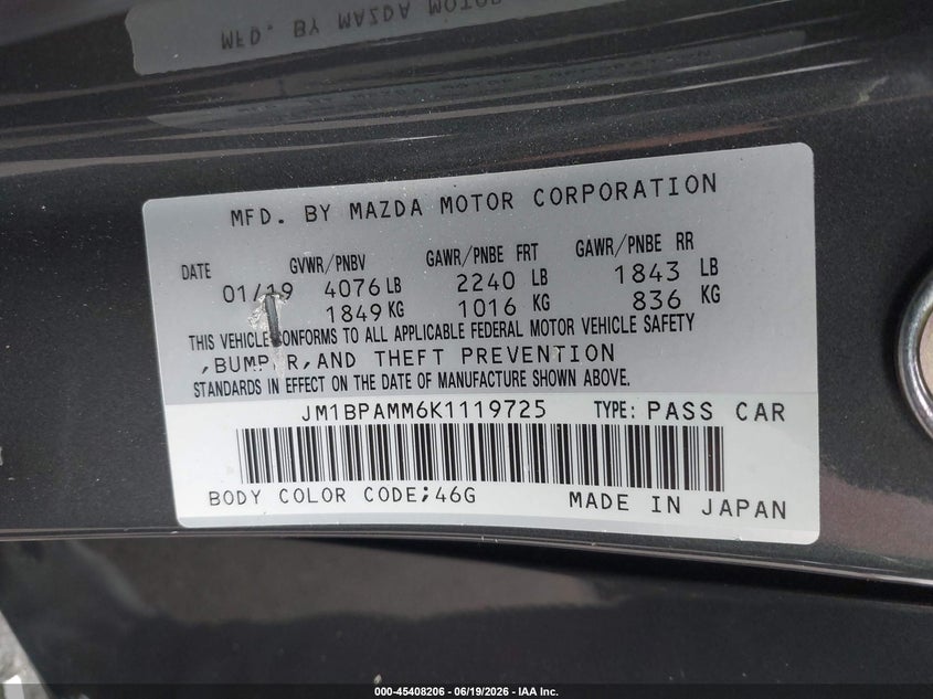 2019 Mazda 3 VIN JM1BPAMM6K1119725 IAAI salvage auction — LEFT FRONT, Salvage Title, sold $4,600 on 2026-07-17 (photo 9)