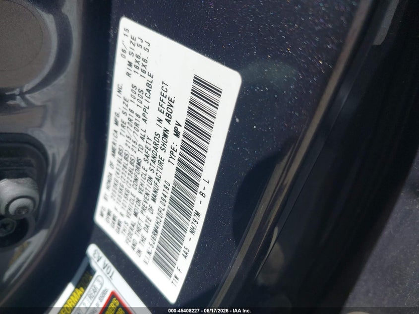 2015 Honda Cr-v VIN 5J6RM4H30FL094190 IAAI salvage auction — REAR END, Salvage Title, sold $1,450 on 2026-10-02 (photo 9)