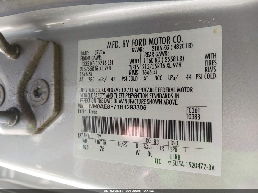 2017 Ford Transit connect VIN NM0AE8F71H1293306 IAAI salvage auction — NORMAL WEAR, SF97 (California), sold $175 on 2026-07-30 (photo 9)