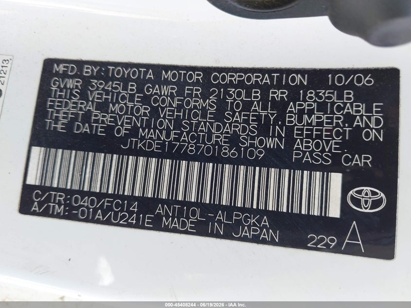 2007 Scion Tc VIN JTKDE177870186109 IAAI salvage auction — LEFT SIDE, Salvage (California), sold $375 on 2026-07-14 (photo 9)