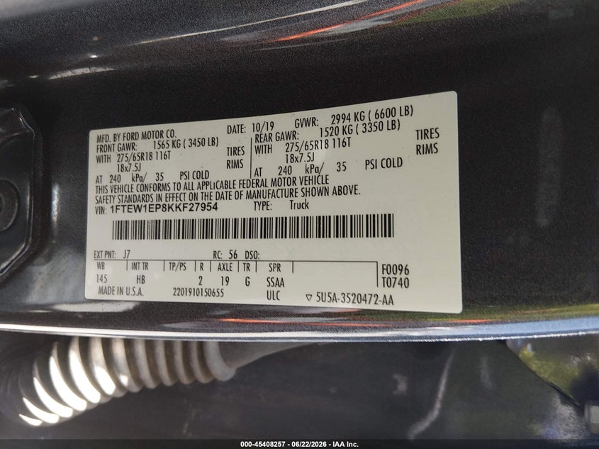 2019 Ford F-150 VIN 1FTEW1EP8KKF27954 IAAI salvage auction — UNKNOWN, Salvage (Idaho), sold $14,100 on 2026-07-22 (photo 9)