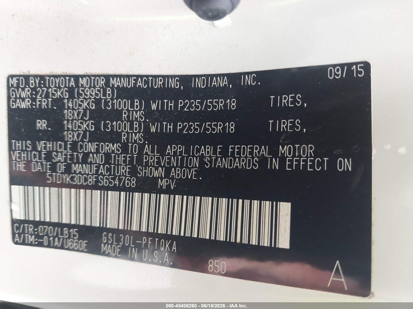 2015 Toyota Sienna VIN 5TDYK3DC8FS654768 IAAI salvage auction — FRONT END, Salvage (Louisiana), sold $3,000 on 2026-07-28 (photo 9)