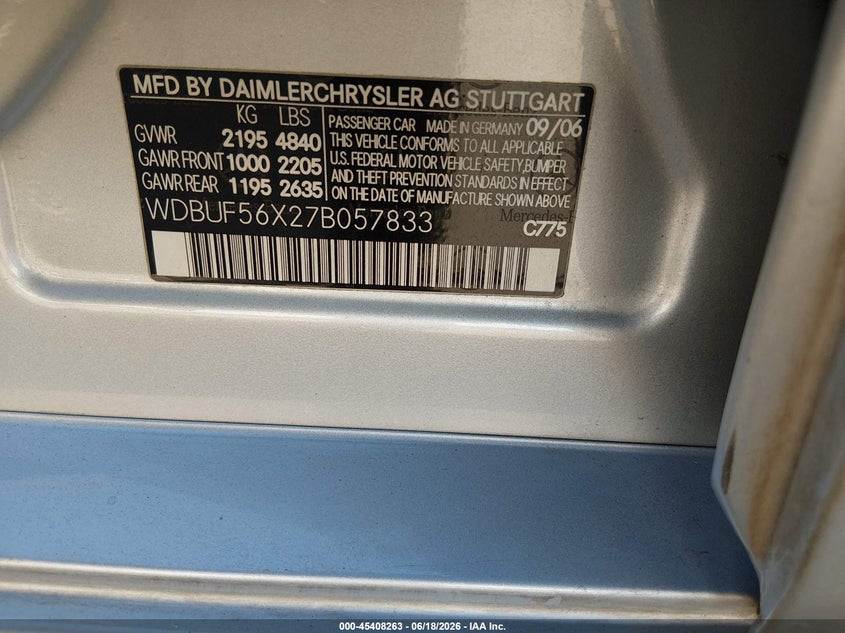 2007 Mercedes-benz E-class VIN WDBUF56X27B057833 IAAI salvage auction — NORMAL WEAR, Clear (Arizona), sold $625 on 2026-07-14 (photo 9)