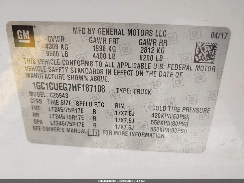 2017 Chevrolet Silverado 2500 VIN 1GC1CUEG7HF187108 IAAI salvage auction — NORMAL WEAR, SF97 (California), sold $12,100 on 2026-07-30 (photo 9)