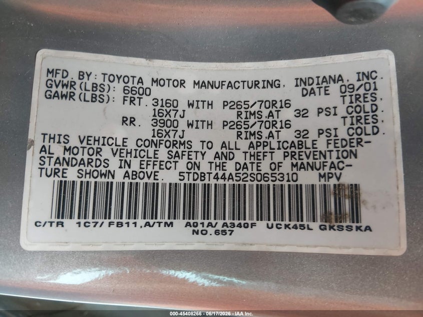 2002 Toyota Sequoia VIN 5TDBT44A52S065310 IAAI salvage auction — NORMAL WEAR, Clear (Indiana), sold $750 on 2026-07-14 (photo 9)