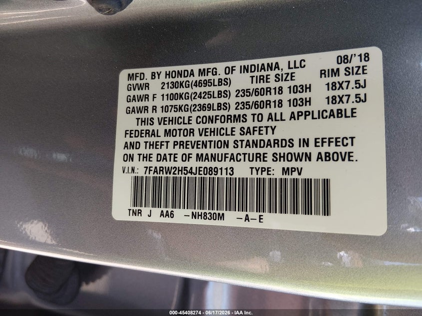 2018 Honda Cr-v VIN 7FARW2H54JE089113 IAAI salvage auction — REAR END, Salvage (Tennessee), sold $7,200 on 2026-07-15 (photo 9)