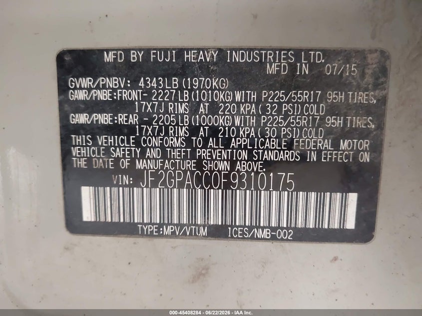 2015 Subaru VIN JF2GPACC0F9310175 IAAI salvage auction — LEFT FRONT, Salvage (Pennsylvania), sold $350 on 2026-07-22 (photo 9)