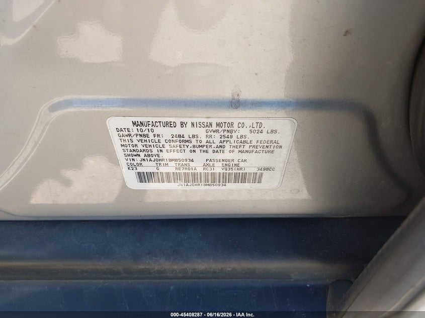 2011 Infiniti Ex35 VIN JN1AJ0HR1BM850934 IAAI salvage auction — NORMAL WEAR, Clear (Pennsylvania), sold $525 on 2026-07-10 (photo 9)