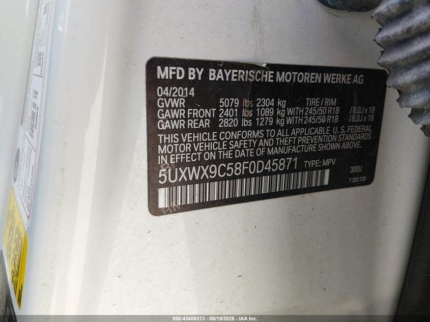 2015 BMW X3 VIN 5UXWX9C58F0D45871 IAAI salvage auction — FRONT END, Salvage (Louisiana), sold $2,000 on 2026-07-15 (photo 9)