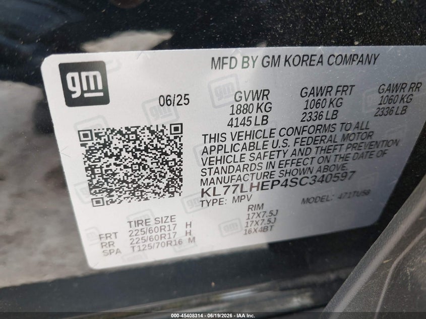 2025 Chevrolet Trax VIN KL77LHEP4SC340597 IAAI salvage auction — HAIL, Salvage Title, sold $9,100 on 2026-08-01 (photo 9)