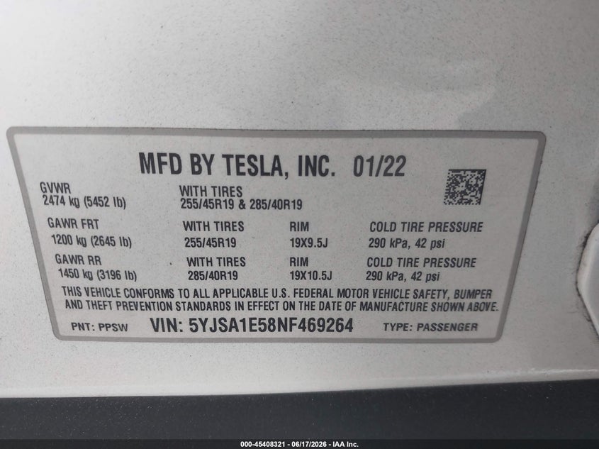 2022 Tesla Model s VIN 5YJSA1E58NF469264 IAAI salvage auction — RIGHT SIDE, Salvage (California), sold $15,200 on 2026-07-08 (photo 9)