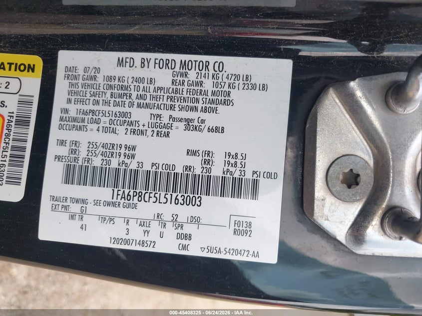 2020 Ford Mustang VIN 1FA6P8CF5L5163003 IAAI salvage auction — SIDE, Original (Texas), sold $7,900 on 2026-07-30 (photo 9)