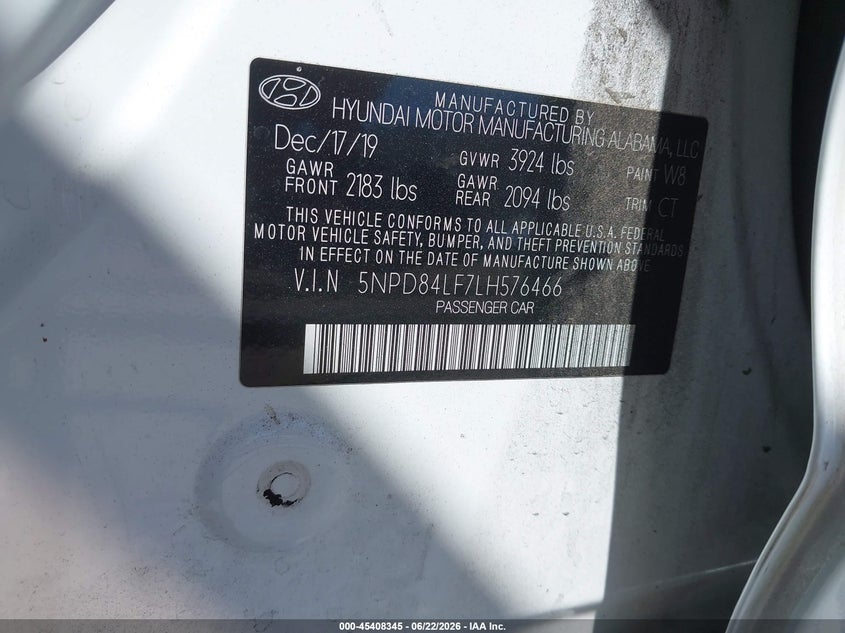 2020 Hyundai Elantra VIN 5NPD84LF7LH576466 IAAI salvage auction — LEFT FRONT, Salvage Title, sold $3,450 on 2026-08-01 (photo 9)